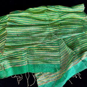 New Raw 100% Silk Scarf Green Gold Stripes Fringe 16 X 68 inches Unisex